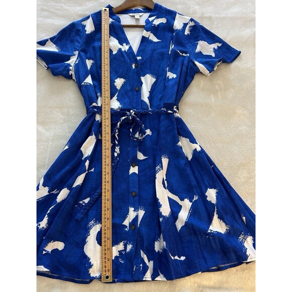 9 West Dress Large Linen Blend Button Front Blue White Resort Coastal Vacation - Picture 7 of 14